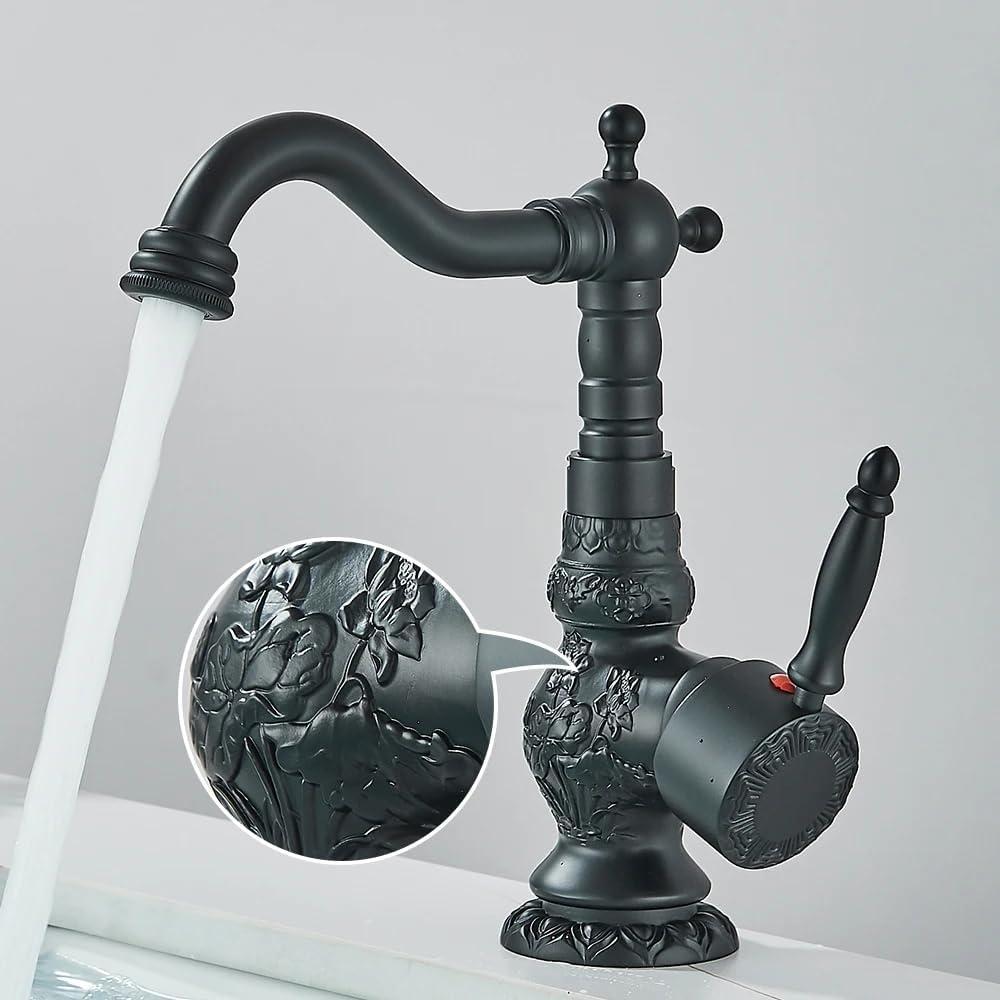 Antique Brass Bathroom Basin Carved Faucet Long Nose Spout Wash Sink Tap 360 Rotation Single Handle Tap Short-Brush Nickel, Short matte Black