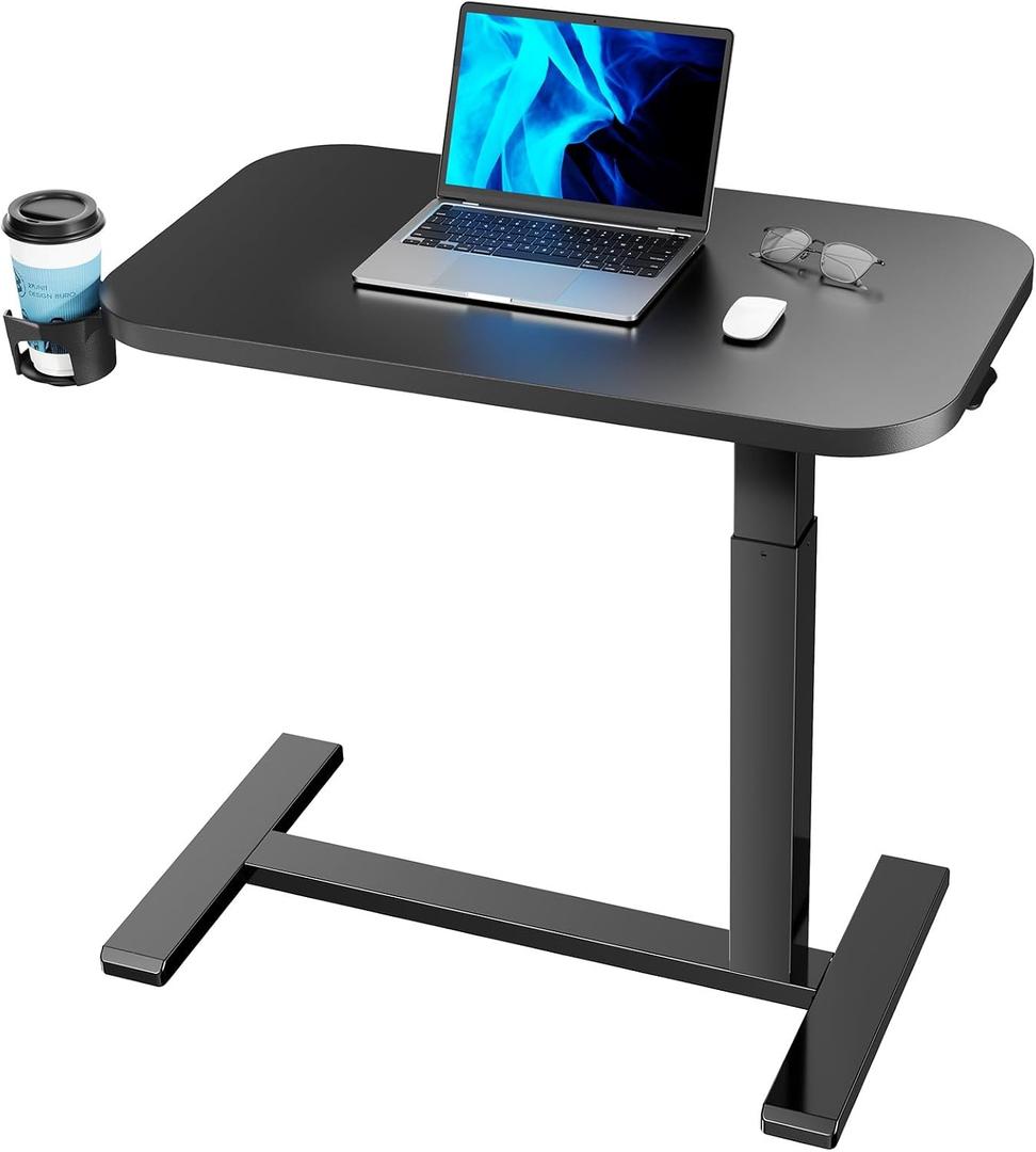 HUANUO 32Inch Bedside Table with Wheels, Height-Adjustable Rolling Computer Cart, Overbed Table with Cup Holder, Pneumatic Laptop Standing Desk for Home Office, Black, Large-32 Inch