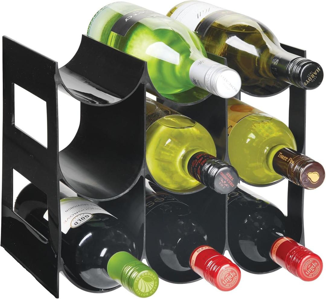 mDesign Plastic Water Bottle Organization/Wine Rack Storage Organizer for Kitchen Countertops, Cabinet, Bin, Pantry, Fridge, Refrigerator, 3 Tiers, 9 Bottles, Lumiere Collection - Black