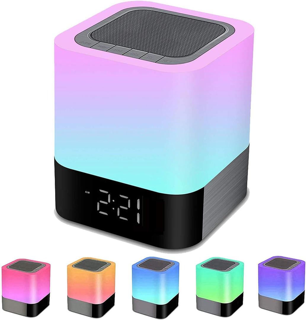 Night Lights Bluetooth Speaker, Alarm Clock Touch Sensor Dimmable Multi-Color Changing Bedside Lamp, MP3 Player, Wireless