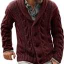 Mens Shawl Collar Cardigan Sweater Cable Knit Button Chunky Long Sleeve Winter Fisherman Casual Cardigans (Medium, Wine Red)