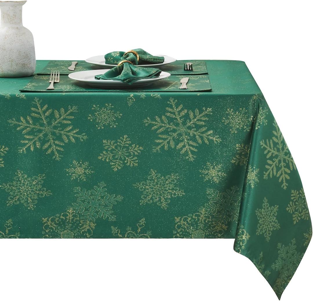 Rectangle Fancy Metallic Sparkling Snowflake Christmas Fabric Table Cloth red Hunter Gold Navy White Silver No-Iron Soil Resistant Woven Holiday Table Cover(Hunter Gold/60x104Inch)