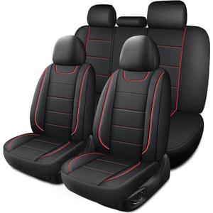 HChengkikz Car Seat Covers, Quilting Leather Seat Covers Full Set, Waterproof Faux Leather Automotive Seat Covers for Cars, Universal Car Seat Protectors Fit for Suvs, Trucks, Airbag Compatible (Complete Set (Front + Rear), N4 Black+Red)