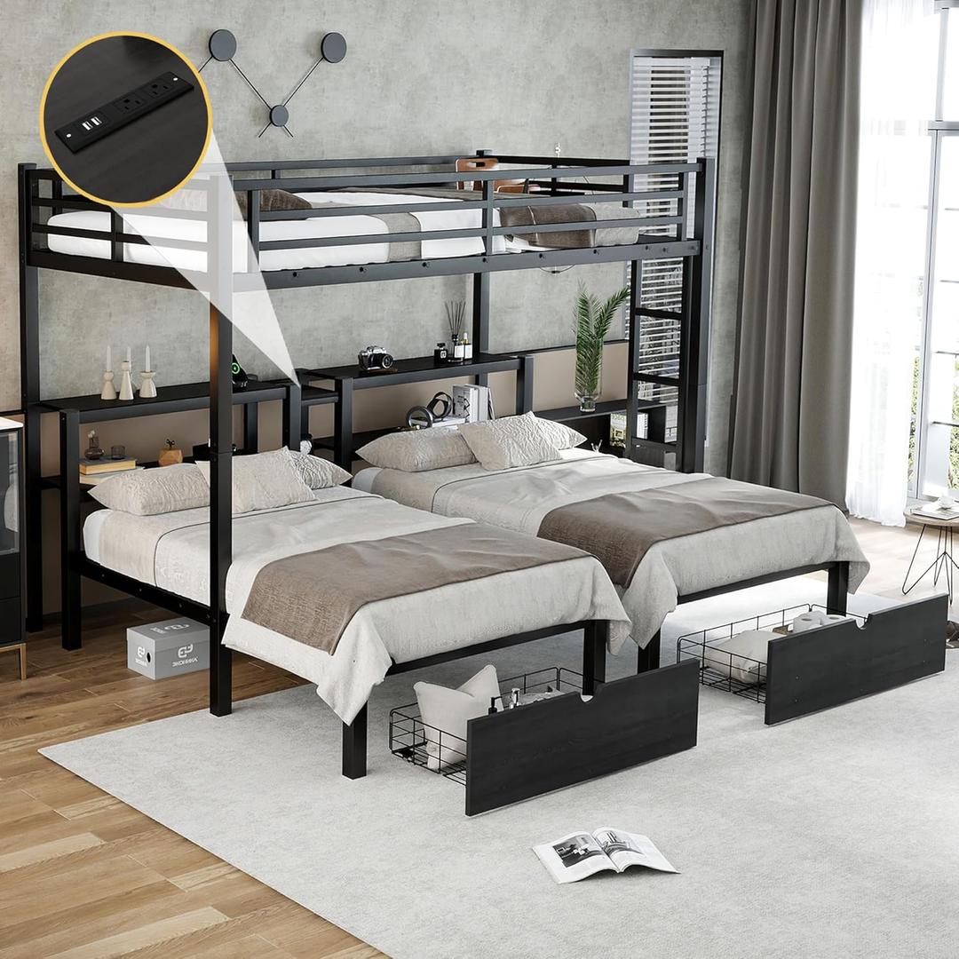 Heavy Duty Triple Bunk Bed with Storage Drawers, Shelves, Triple Bed with Charging Station, Full XL Over Twin Over Twin Triple Bunk for Kids, Teens, Black Triple Bunk Bed