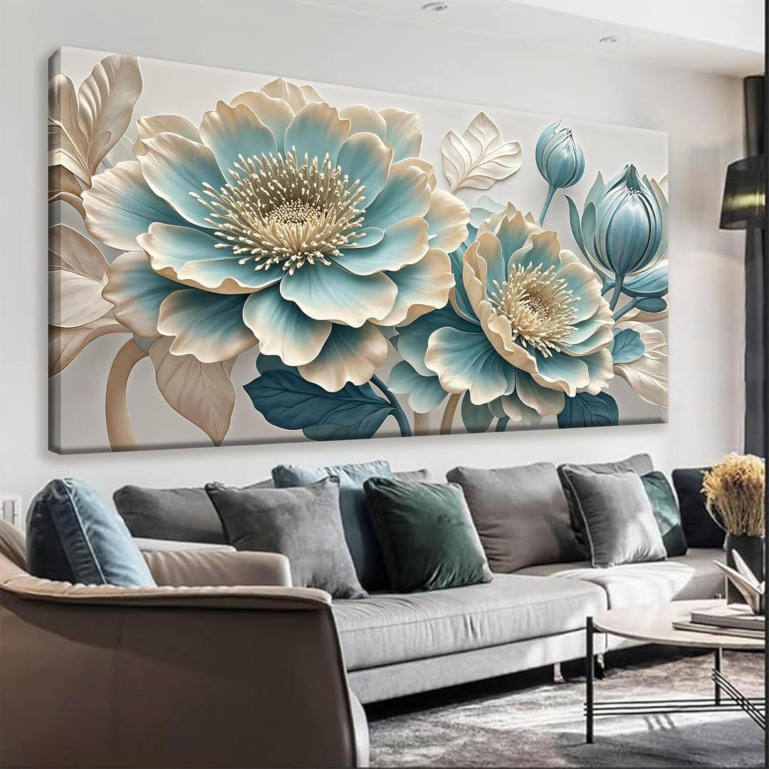 QSQ Canvas Art Wall Decor Prints Painting Blue White Flowers Wall Art For Living Room Print Picture Modern Painting Picture For Bedroom Office Home Aesthetic Wall Decor Artwork 24" X 48"