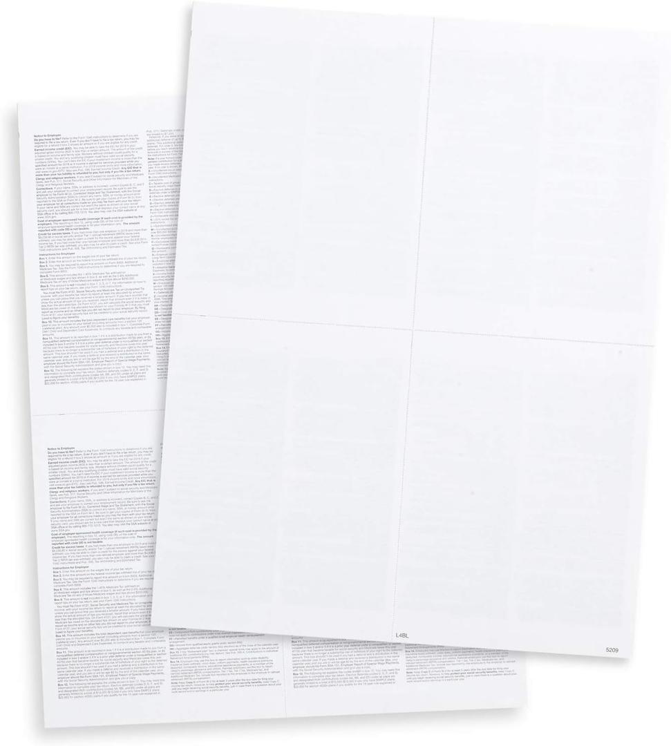 Blank W2 4Up Horizontal Tax Forms 2025, 25 Employee Set, Designed for QuickBooks Online and Accounting Software, with Back Instructions, 25 Self Seal Envelopes Included, 4 Down Forms