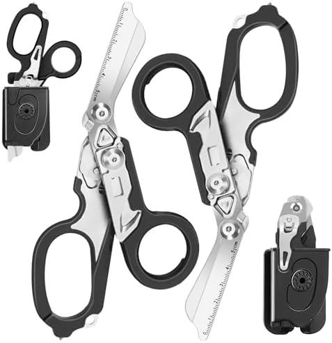 Lenporl Foldable Trauma Shears with Compatible Holster, Emergency Shears with Strap Cutter and Glass Breaker for Outdoor Camping Emergency Scissors Tools Black