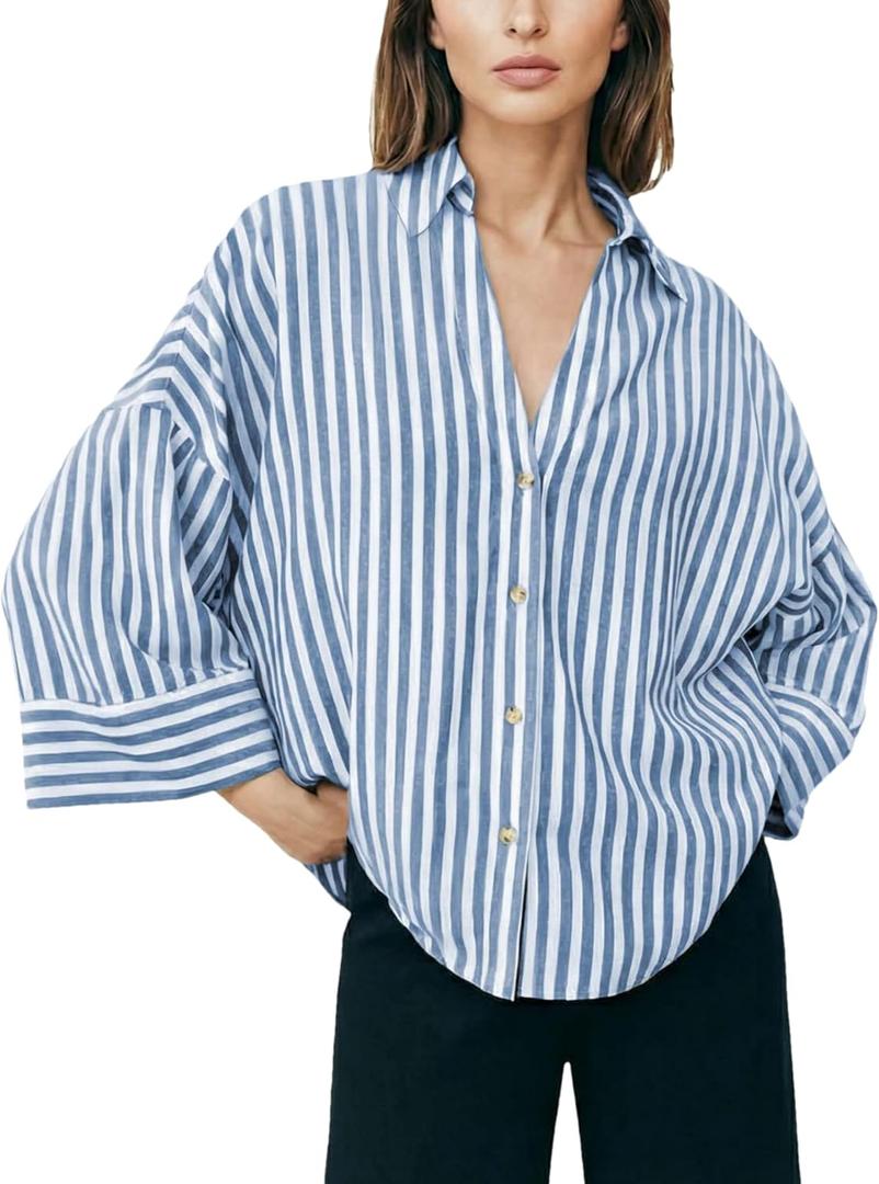 Womens Striped Button Down Shirts Lapel V Neck 3/4 Sleeve Casual Blouses Summer Loose Fit Tops, Size Small