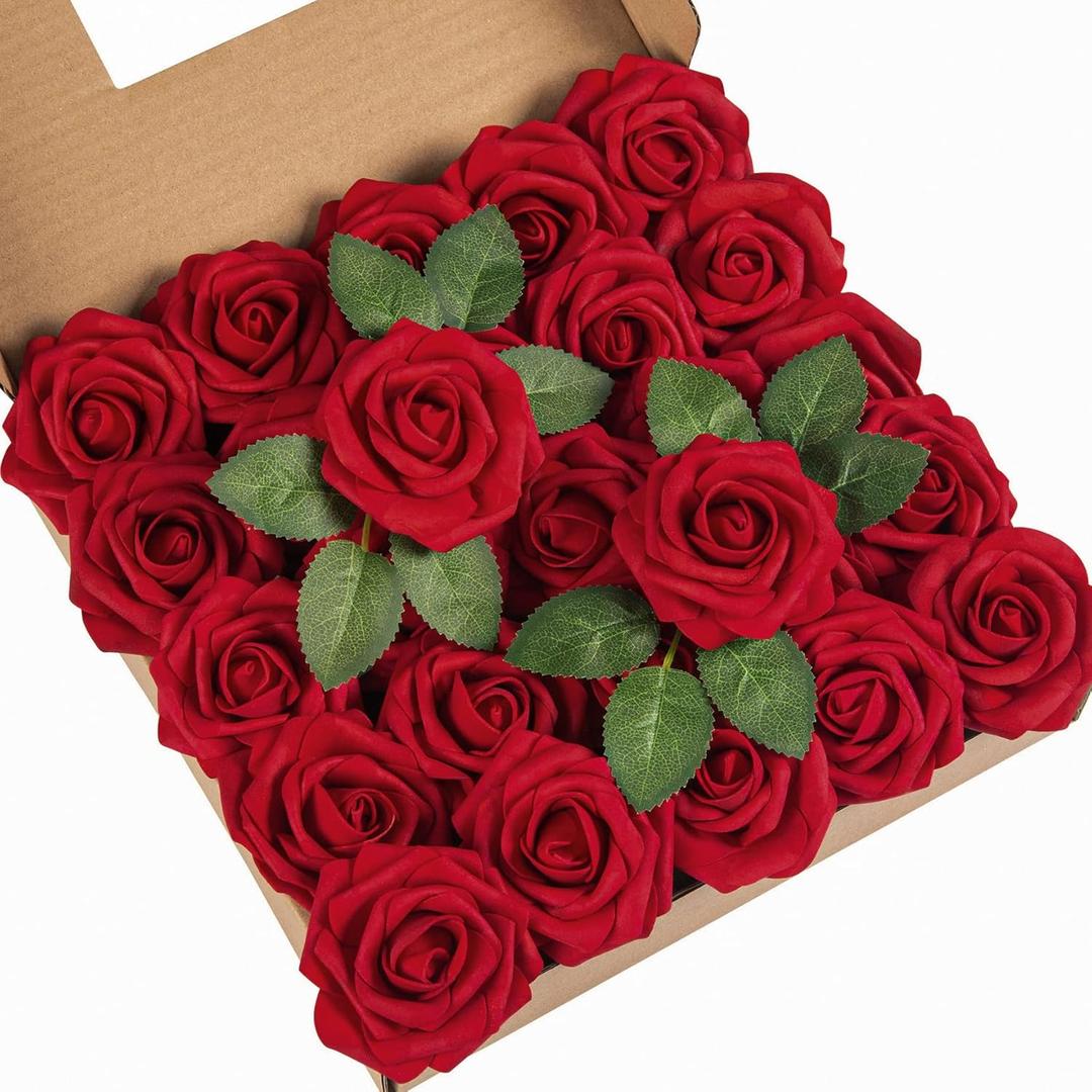 DuHouse 25Pcs Artificial Roses Flowers Fake Roses with Stems Real Touch Foam Flowers for DIY Wedding Bouquet Baby Shower Centerpiece Floral Arrangement Party Home Decor(Dark Red)
