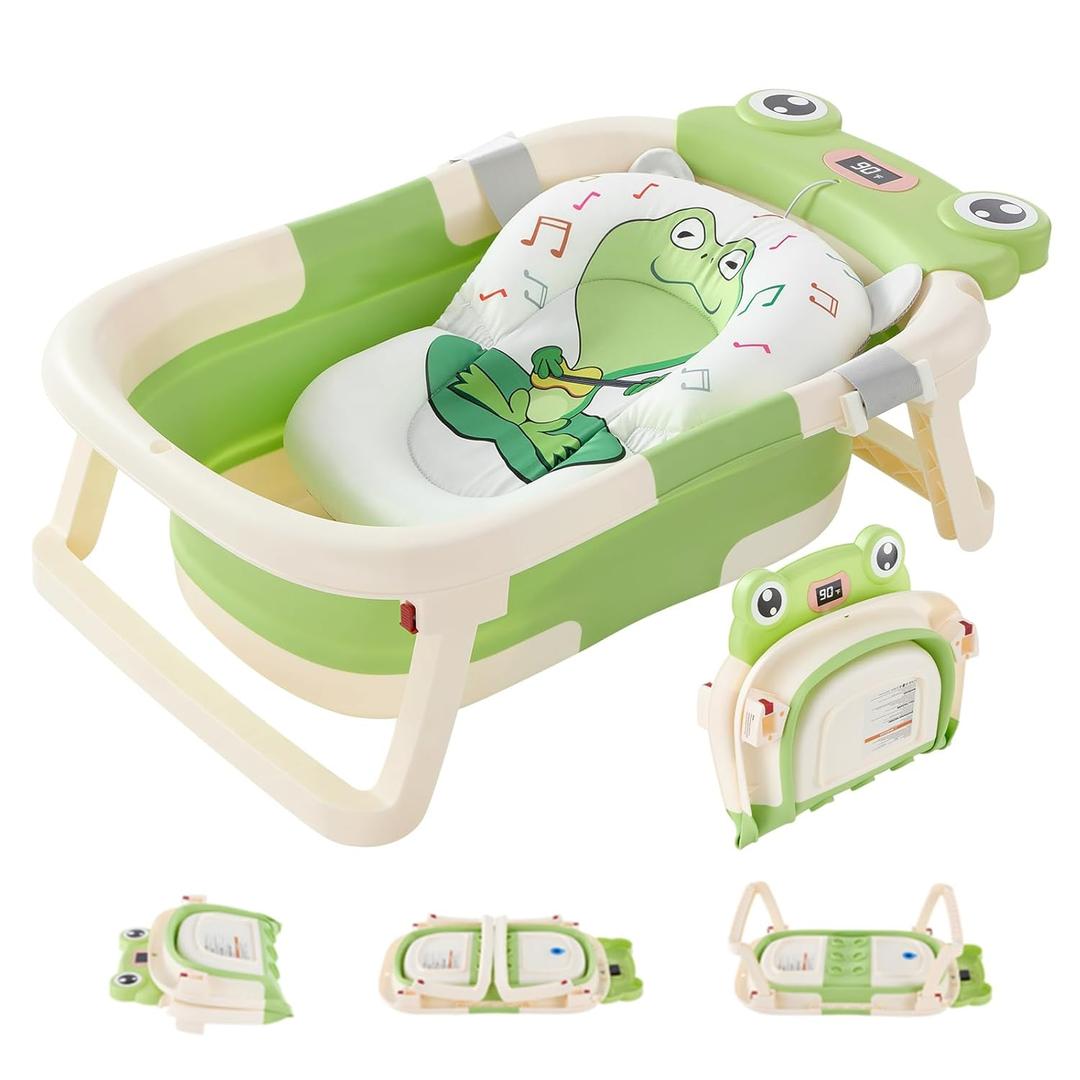 Lucakuins Foldable Baby Bathtub with Cushion & Water Thermometer and Drain Hole, Portable Durable Foldable Baby Bath Tub for Newborn Infants 0-36 Months (Green)