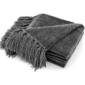 RECYCO Throw Blanket Soft Cozy Chenille Throw Blanket with Fringe Tassel for Couch Sofa Chair Bed Living Room Gift (Dark Gray, 60" x 80")