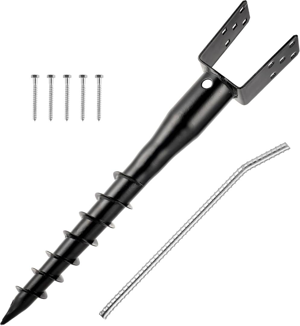 No Dig Ground Screw Anchor - Black U Shaped Post Stake for 4x4 Wood Posts, Includes Lag Bolts & 27" Rebar, for Mailbox Posts and Fence Posts Anchor, 1 Pack