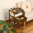 Lerliuo Nightstand with Charging Station and USB Ports, 3-Tier Storage End Table with Drawer Shelf, Night Stand for Small Spaces, Wood Bedside Table for Living Room, Bedroom - Retro Brown