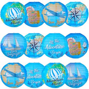 Panelee 12 Pcs Travel Around The World Party Decorations Bon Voyage Paper Hanging Lanterns 8 Inch Adventure Travel Round Paper Lanterns for Office Classroom Party Decorations Supplies Indoor Outdoor