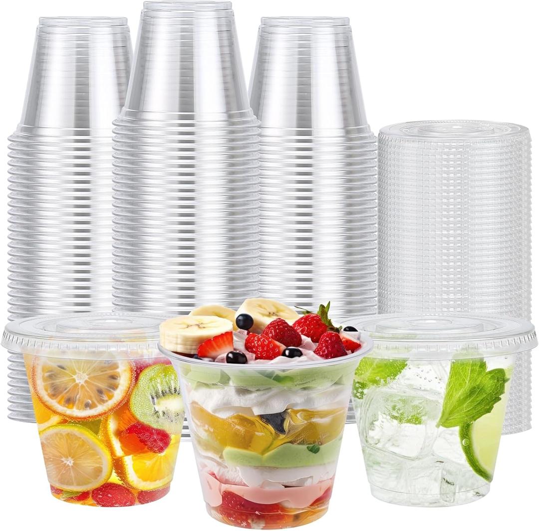 BYSNOW 100 Pack 9 oz Clear Plastic Cups With Flat Lids No Hole, Disposable Dessert Cups with Lids for Ice Cream, Pudding, Fruit, Cold Drinks, Cake, Snacks, Yogurt Parfait