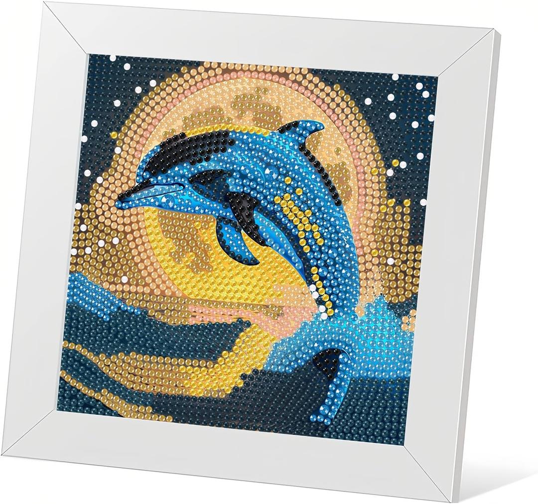 DIYGEMDOT Dolphin Diamond Painting Kit for Kids with Wooden Frame, 5D Diamond Art Gem Painting for Beginners, Gem Art Crafts and Gifts for Girls and Boys Ages 4-5-6-7-8-9-10-11-12 (7X7 Inches), Pack of 3