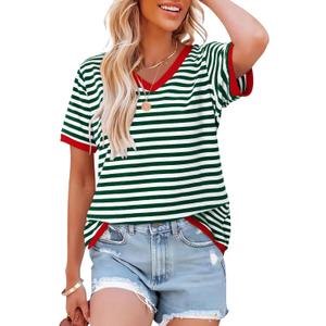 KISSMODA Womens Casual Tops Summer Short Sleeve T Shirt Striped Color Block Pullover Blouses (Medium)