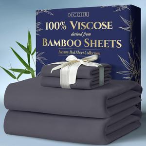 DECOLURE 100% Viscose Derived from Bamboo Sheets Queen Size 4pcs - Ultra Soft & Luxuriously Cooling, 17" Deep Pocket, Double Stitching, Perfect for Hot Sleepers - Queen Bed Sheets (Grey)