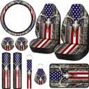 Frienda 10 Pcs American Flag Wood Deer Skull Camo Car Accessories Set 4th of July Patriotic Seat Covers Steering Wheel Cover Keyring Cup Holder Armrest Pad Seat Belt Pads Wrist Strap for Truck