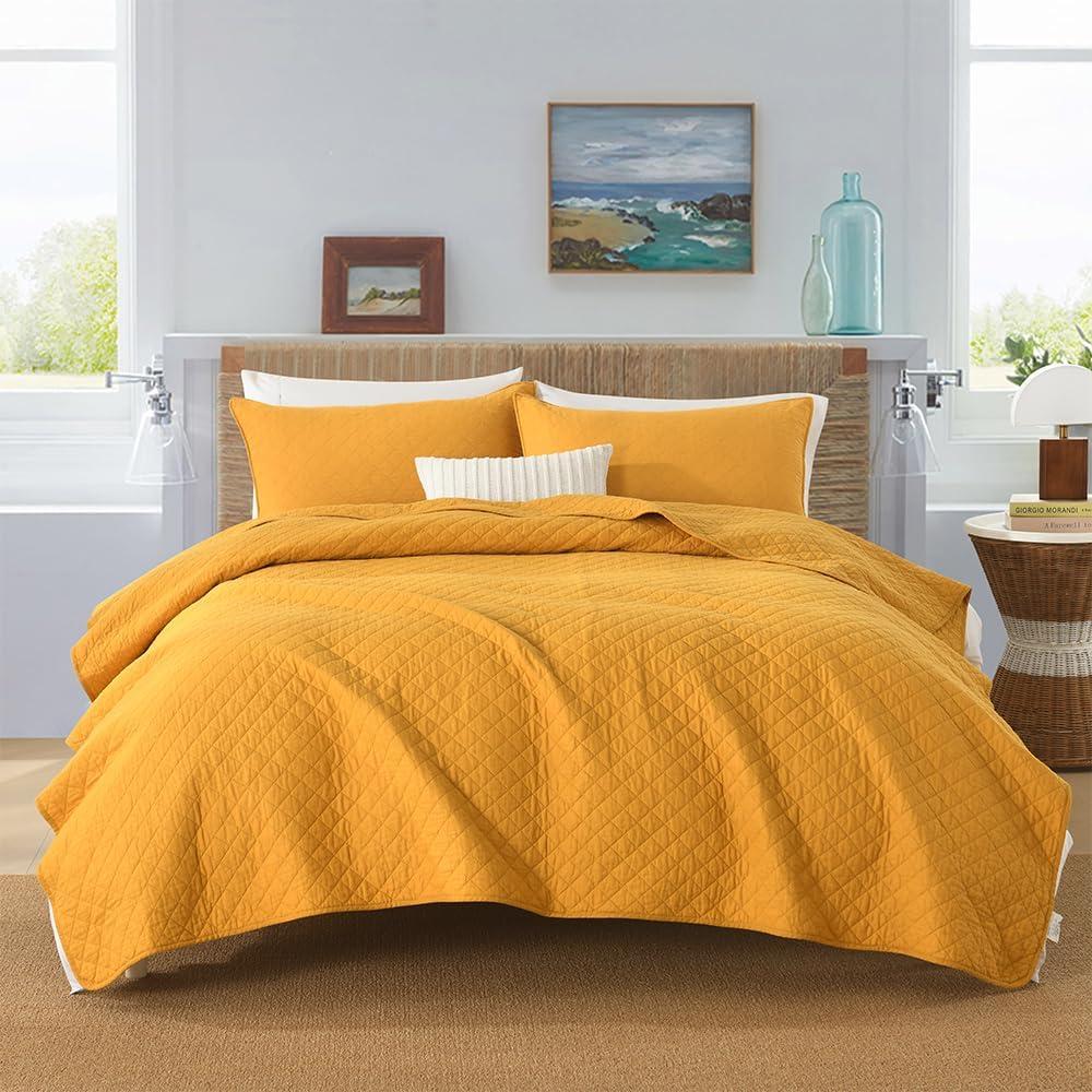 Wistown Cotton Queen Quilt Bedding Set, 3 Pieces Reversible Lightweight Soft Coverlets Comforters Bedspreads for All Seasons, Diamond Stitching Pattern, Yellow | Durable 100% cotton, All season, Modern home dcor, Reversible quilt set, Exquisite stitching, Lightweight