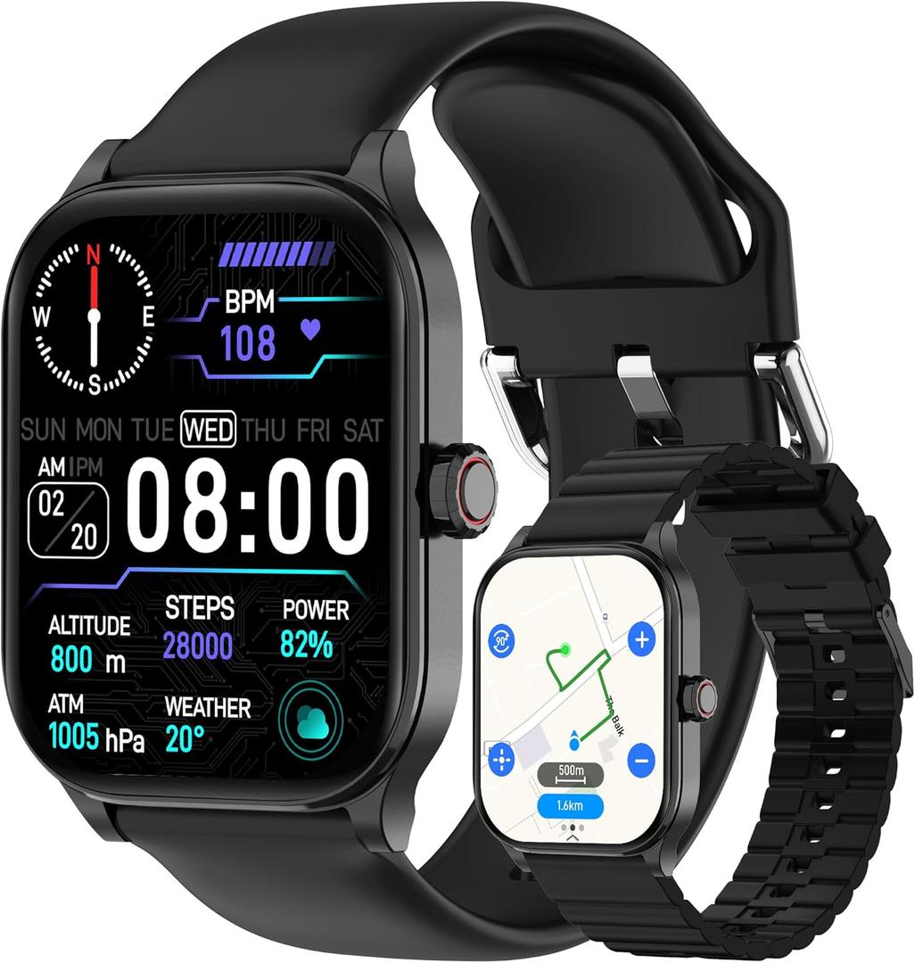 Smart Watch with Built-in GPS and Offline Maps, 1.96" HD Display, Answer/Make Calls, 100+ Sport Modes, Heart Rate/Sleep/SpO2 Monitor, Fitness Activity Tracker for Android and iPhone, 2 Bands, Black