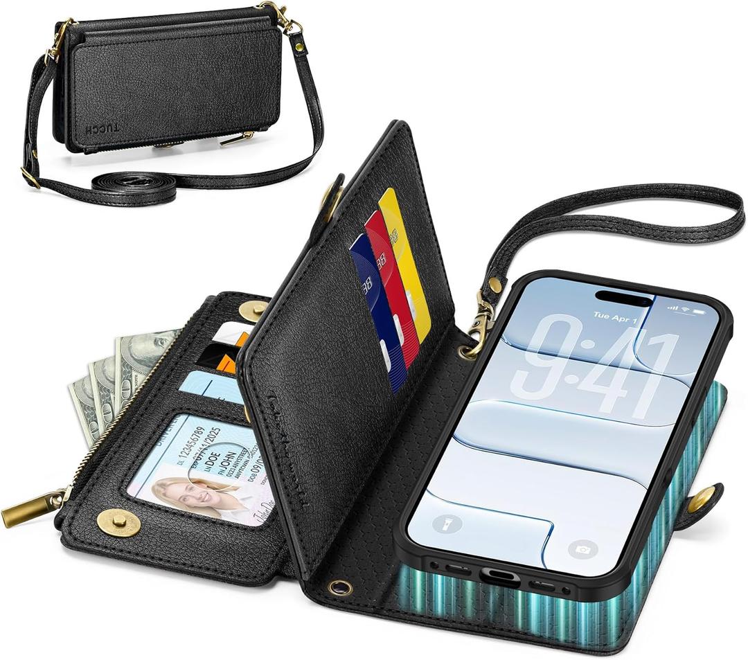 TUCCH Removable Crossbody Case Wallet for iPhone Air 2025, 9 Card Slot RFID Blocking, Stand, Lanyard, Wrist Strap, Wireless Charging, Zipper Pocket, PU Leather, Magnetic Flip Cover, Textured Black