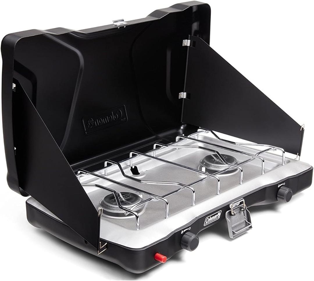 Coleman Triton+ 2-Burner Propane Camping Stove with InstaStart Ignition, Portable Camping Cooktop with 2 Adjustable Burners & Wind Guards, 22,000 BTUs of Power for Camping, Tailgating, Grilling (Black)