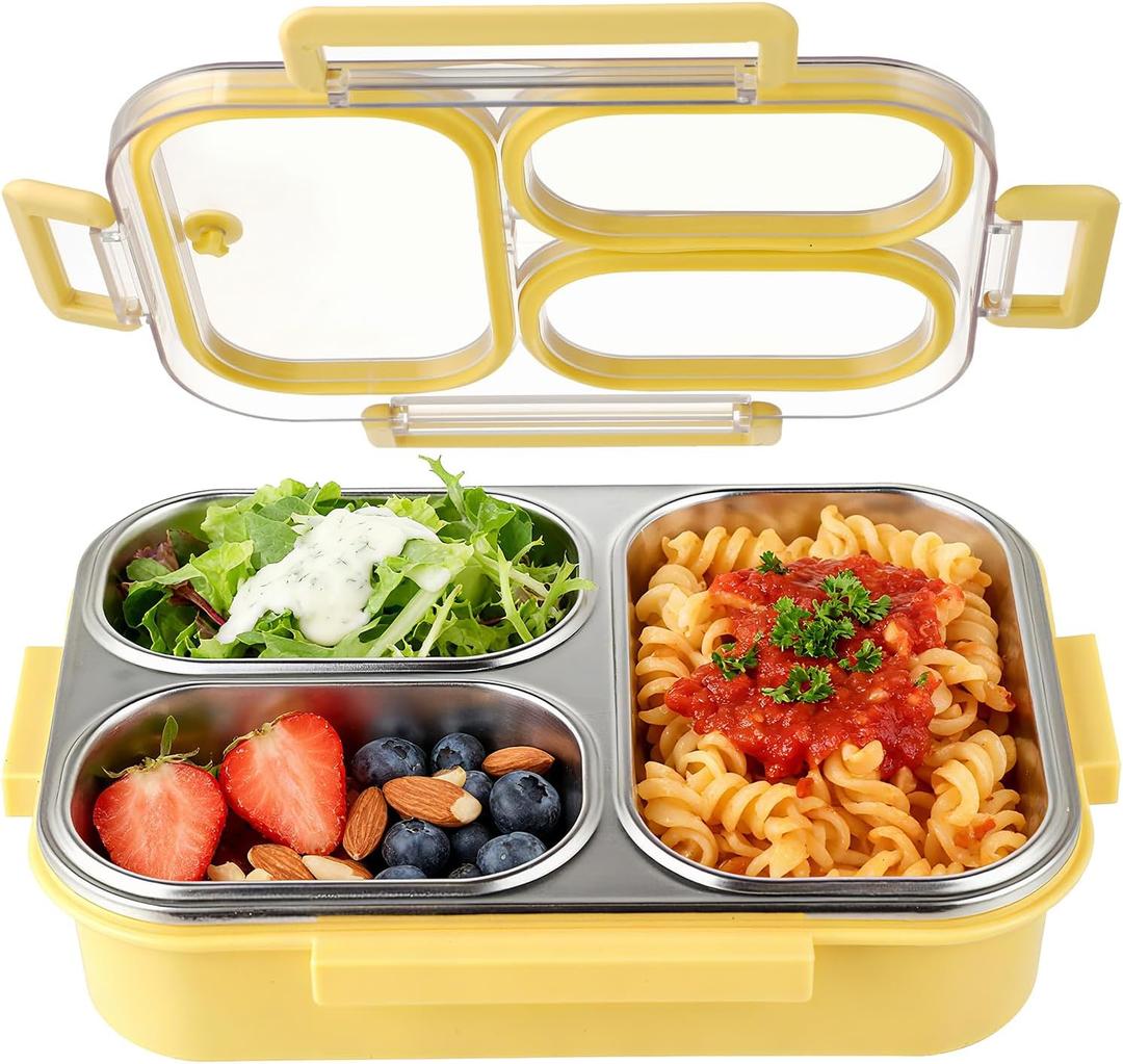 Stainless Steel Lunch Box for Kids, 3-Compartment Metal Bento Box, Leak-Resistant Lids with 4 Latches, Reusable Portion Control Lunch Container for School, Office