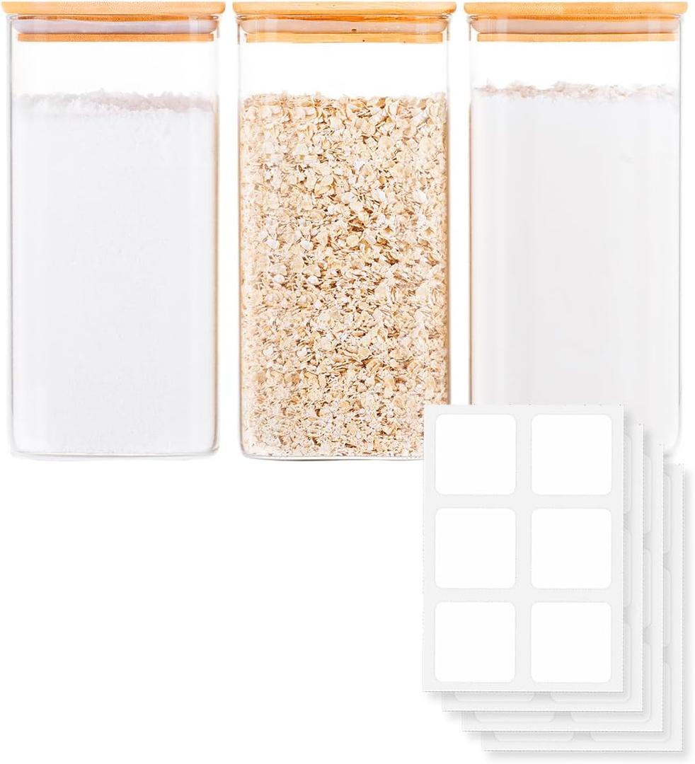 Glass Food Storage Jars with Airtight Lids Wide Mouth Pantry Containers, Thick BPA-Free Glass, Moisture & Insect Resistant, Customizable Labels Included 50 oz x 3