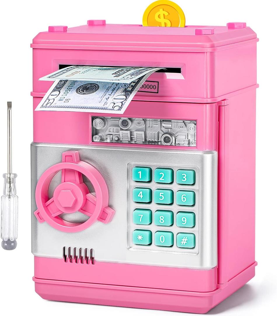 Piggy Bank for Boys Girls, Vcertcpl ATM Coin Bank Money Saving Box with Password, Kids Safe Money Jar with Auto Grab Bill Slot, Birthday Gifts Toys Bank for 6 7 8 9 10 11 12 Year Old Girls Boys (Large, Pink)