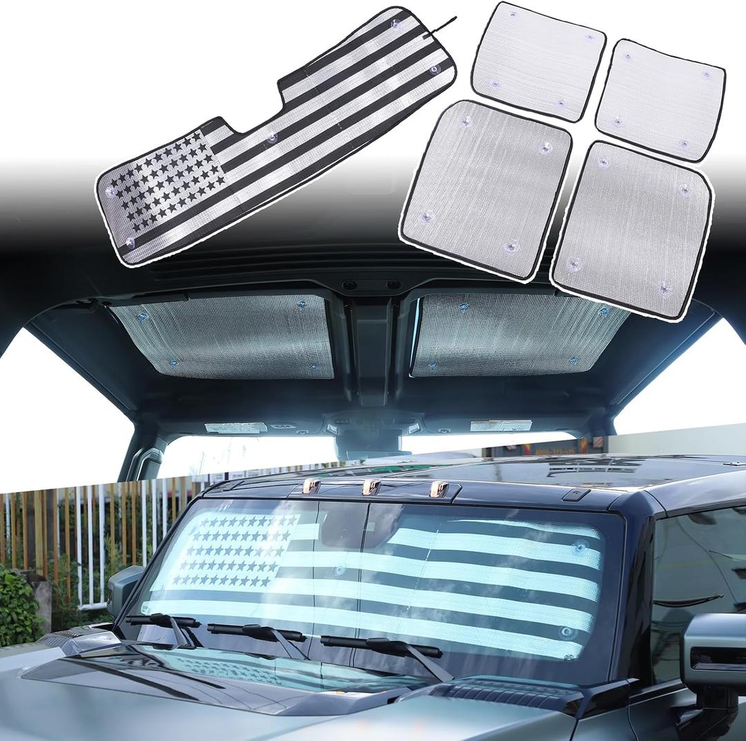 Roof Sunshade and Front Windshield Sunshade for Hummer EV SUV Pickup Truck Accessories 2022-2024 2025 2026+Reflective Foil Insulation Aluminum Foil Blocks UV Rays (American Flag)