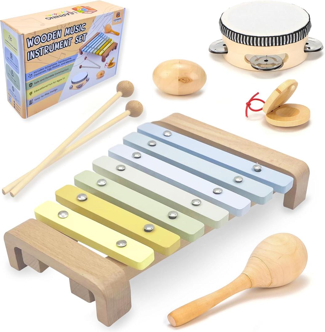 Wooden Toddler Toys - Musical Toys for Toddlers 1-3 - Montessori Musical Instruments for Toddlers 1-3  Toddler Musical Instruments Set of 5 Baby Toys Including a Colorful Xylophone for Toddlers 1-3