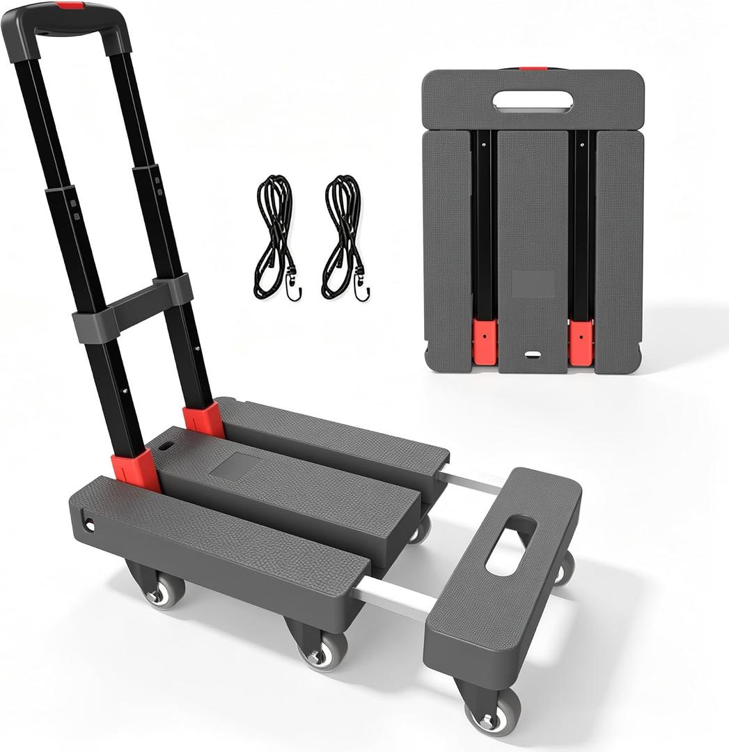 Folding Hand Truck 560lbs, Portable Heavy Duty Dolly Cart, 6 Wheels Collapsible Luggage Cart with 2 Elastic Ropes - Ideal Compact Trolley Cart