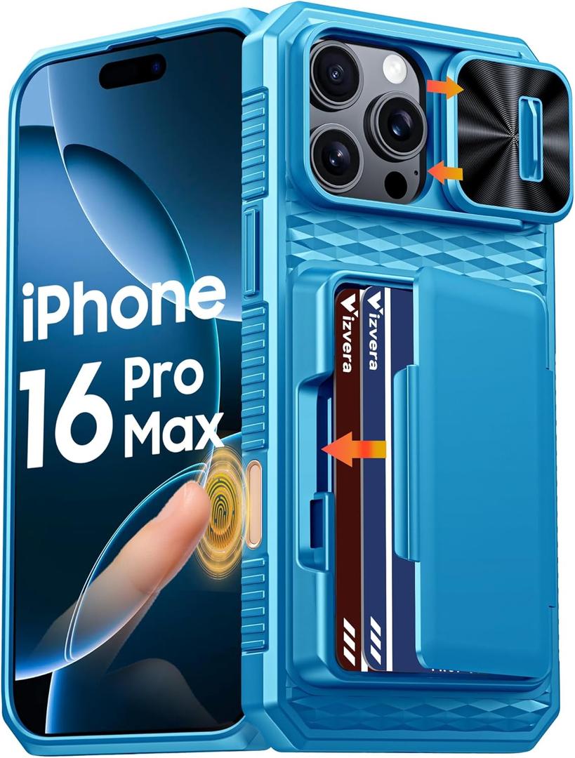 Vizvera for iPhone 16 Pro Max Case Wallet RFID [Cards Holder][Camera Control][Camera Cover] Full Body Rugged Shockproof Silicone Protective Phone Case for iPhone 16 Pro Max 6.9"(Blue) (16 Pro Max Wallet Case)