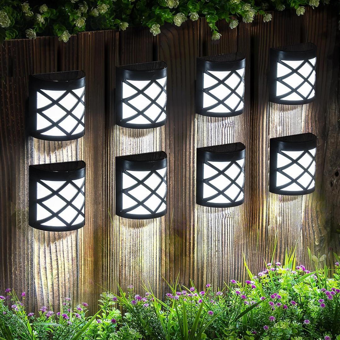 GIGALUMI 8 Pack Solar Fence Light Cold White Porch Solar Powered Decor Outdoor Waterproof Wall Fence Lights for Garden, Yard, Patio, Front Door, Garage