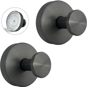 Suction Cup Hooks for Shower - 2 Pack, Gray - Stainless Steel, Strong Suction, No Drill, Removable Hanger, Tile Bathroom Kitchen Wall, Glass Door, Mirror Hook Hanging Robe, Towel Holder