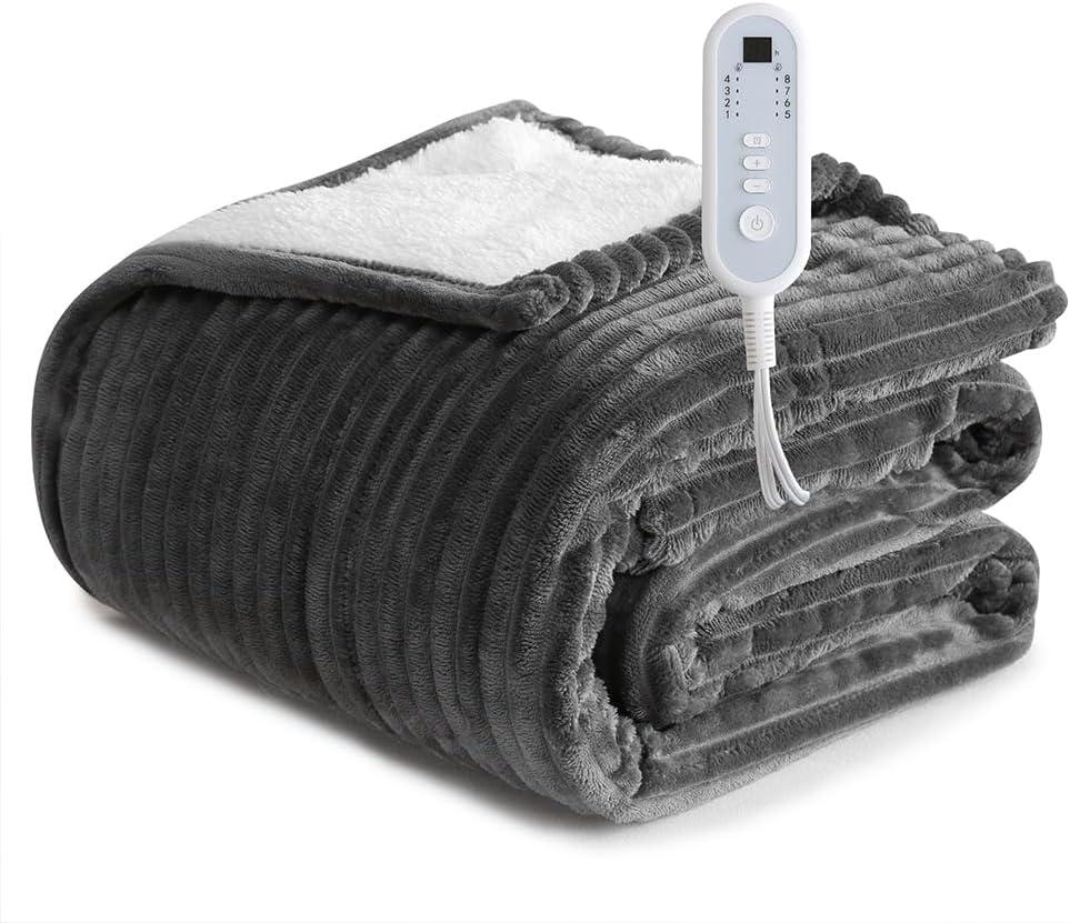 Sheet&Joy Heated Blanket Electric Grey Throw - 50"x60" Heating Blanket Throw 1/2/4/6/8 Hours Auto-Off 8 Heat Level Over-Heat Protection Ribbed Flannel Sherpa Electric ETL Certification