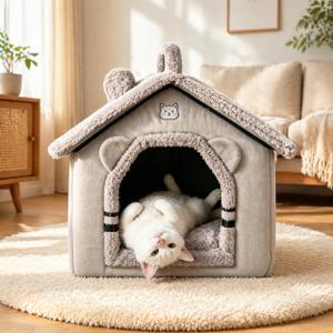 Cat Bed for Indoor Cats, Cartoon Pattern Cat Cave Bed with Handle Design, Soft Cat Hideaway Indoor, Lovely Cat House for Kitten, Puppy & Small Pets (L)