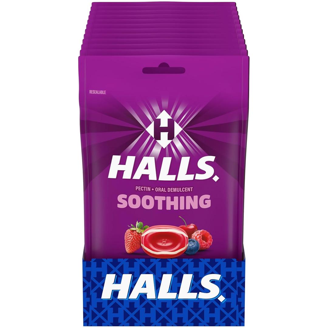 HALLS Throat Soothing Cool Berry Throat Drops, 12 Bags of 25 (300 Total Drops)