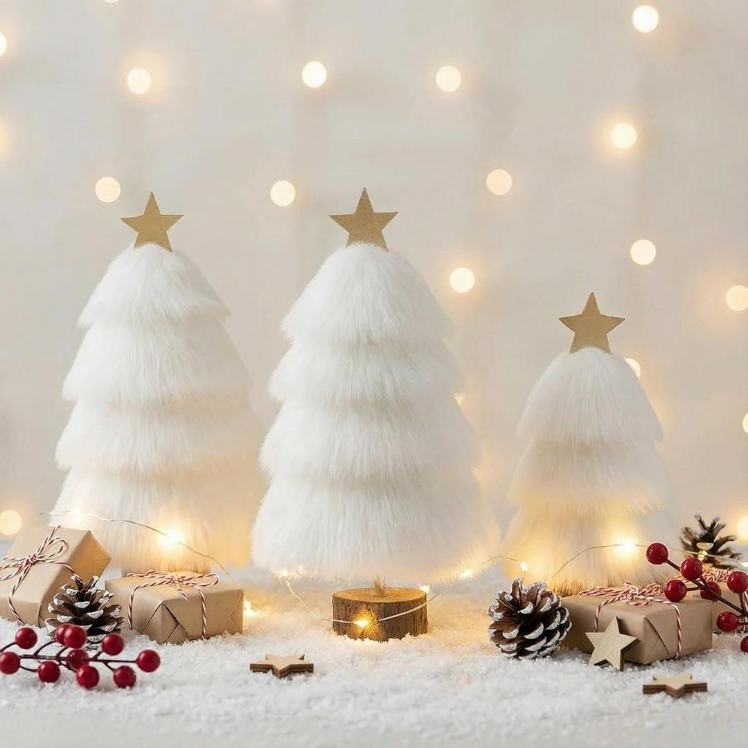 Pinkunn Set of 3 Christmas Table Tree Decor White Plush Mini Christmas Tree Tabletop Decorations Centerpieces for Winter Holiday Mantel Fireplace Tabletop Home Decor, 3 Sizes