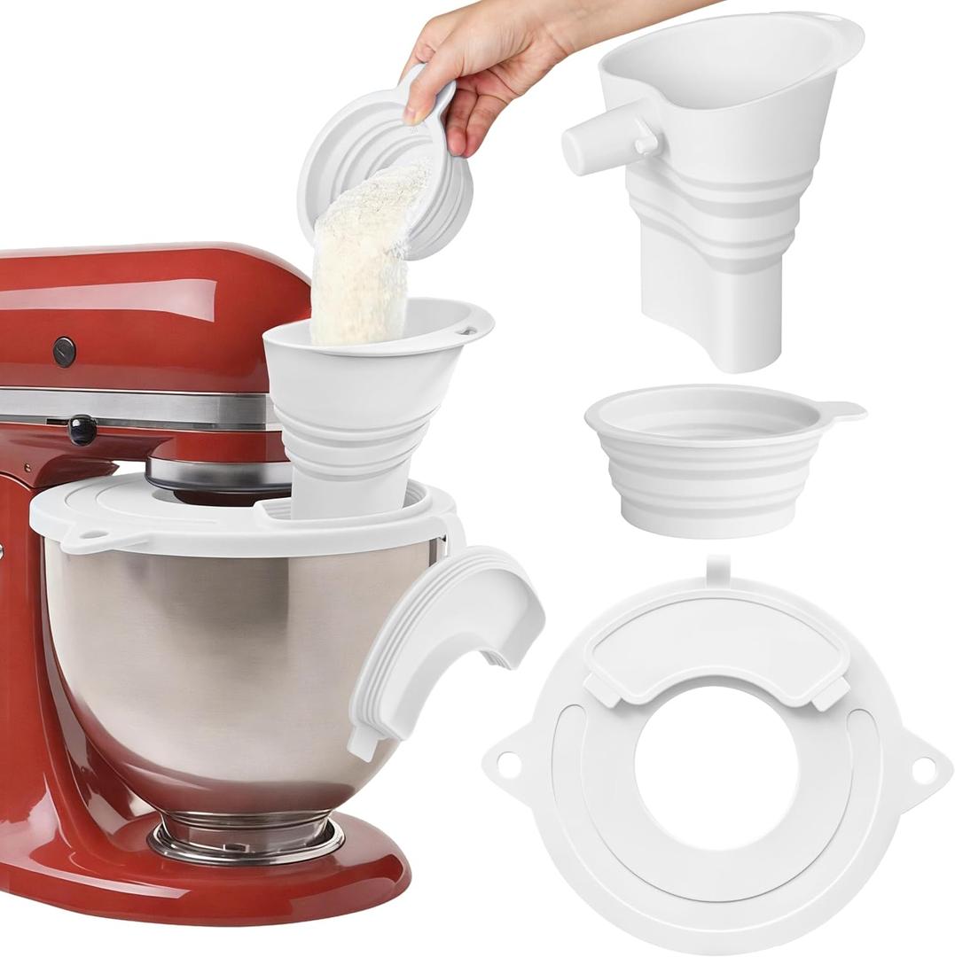 Silicone Bowl Cover with Flour Funnel for Kitchen Aid Mixer, Kitchenaid Bowl Cover for KitchenAid 4.5-5 Qt, Foldable Kitchen Funnel and Silicone Cup,Dishwasher Safe,White