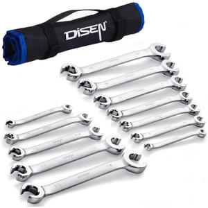 DISEN Flare Nut Wrench Set Metric and SAE 12-Piece Inch1/4 to 7/8" & 6-21mm, CR-V Steel Brake Line Wrench Set with Organizer Pouch,Father's Gift (12 Pcs)