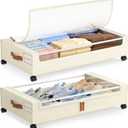 LAMU Under Bed Storage with Wheels, 2 Pack Under Bed Storage Containers with Clear Lid, XXL 60L Underbed Storage Bins, Rolling Under Bed Metal Drawers for Clothes, Blankets, Shoes, Beige