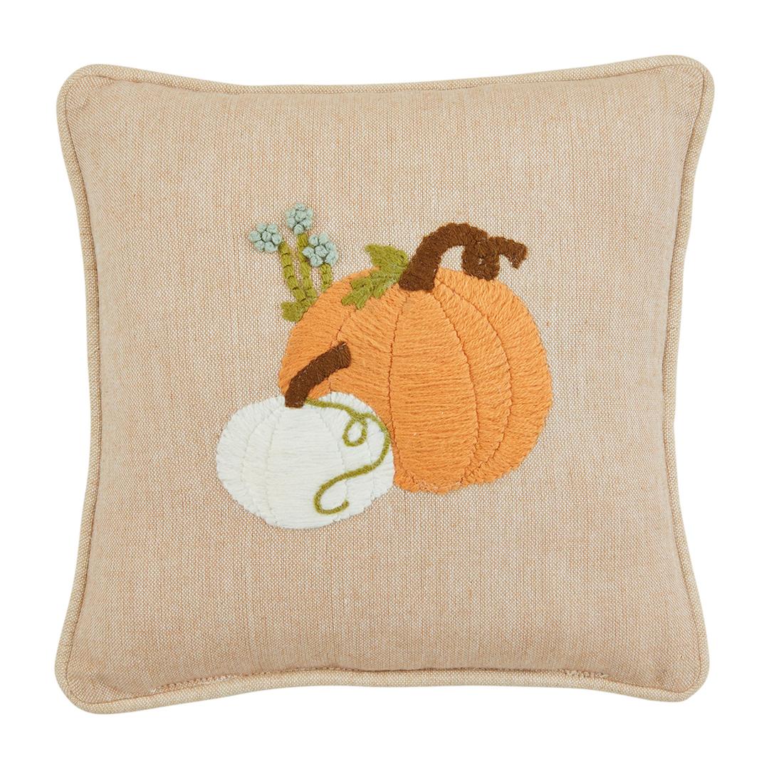 Mud Pie Dbl Pumpkin Embroidery Pillow, 8" x 8", TAN