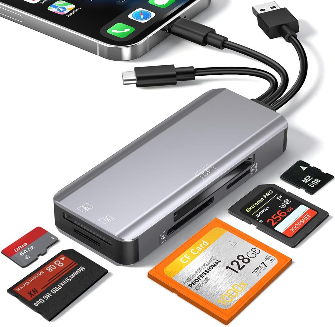 5-in-1 Multi Memory Card Reader,Aluminum SD/TF/CF/MS/M2/Cfast/Memory Stick Pro Duo/Micro SD Card Reader Adapter for i-Phone/i-Pad USB C and USB A Devices,No Application Required Plug and Play