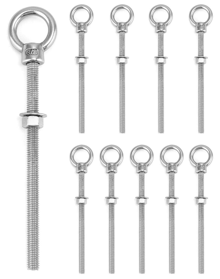 QWORK Threaded Eyebolts, 10 Pack 3/8" x 6" Long Stainless Steel Marine Grade Shoulder Eye Bolt