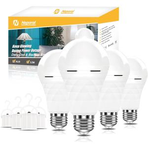 Neporal A19 Rechargeable Light Bulbs Emergency Light Bulb for Power Outages, Led Bulb 60 Watt Equiv., Self-Charging Light Bulb 1200mAh Battery Backup Light Bulbs for Daily, Emergency Use (Daylight) (4 Count (Pack of 1))
