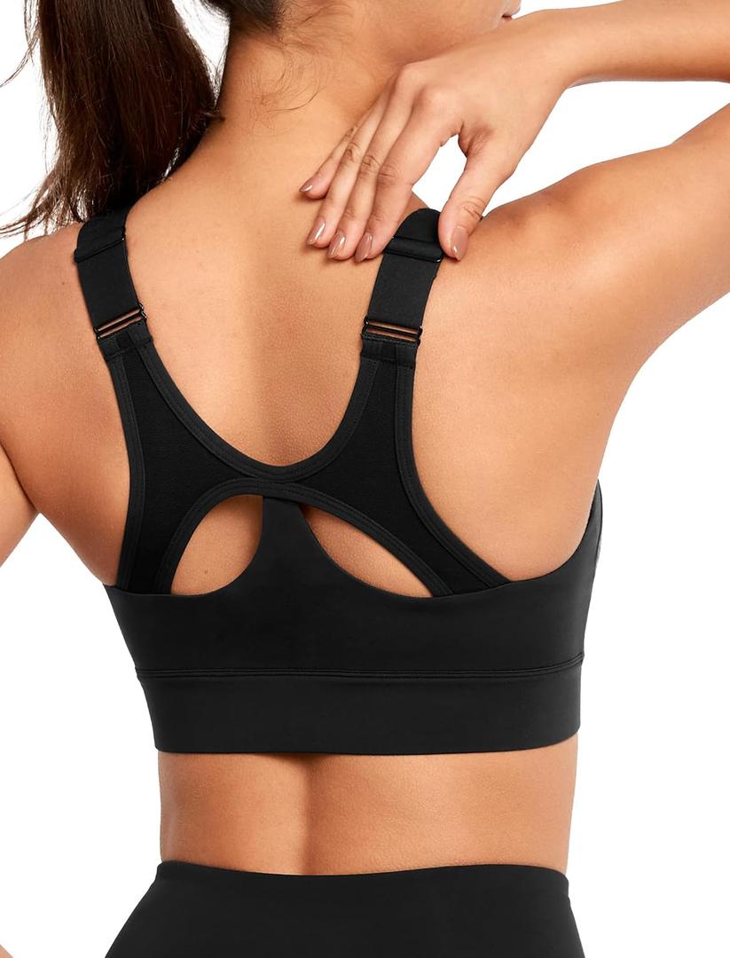 Yvette Adjustable Sports Bras for Women High Impact Front Zip Mesh Supportive Bras for Large Bust Plus Size (Black)