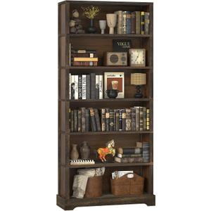 TVU 6-Tier Wooden Book Shelf, Floor-Standing Display Bookcase, 77.2" H x 31.5" W x 11" D Bookshelf, Farmhouse Style Book Case with Arched Base, Suitable for Living Room, Study, Office, Walnut