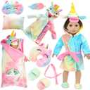 American 18 inch Doll Clothes and Sleeping Bag Set - Rainbow Unicorn Doll Costume with Unicorn Style Sleeping Bag, Pillow, Eye Mask Slumber Party Accessories Fits 18 Inch (NO Dolls)